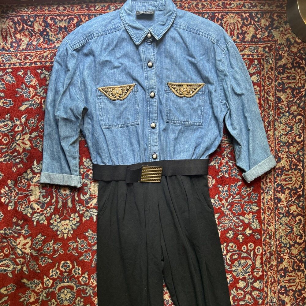 Vintage PG Collections Jumpsuit Womens Blue Denim Boho Elastic Waist Beaded Belt